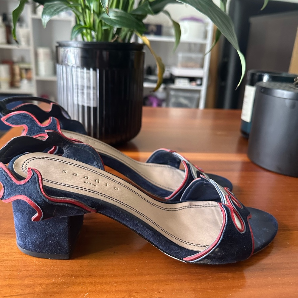 Sandro Blue Suede Sandals with Red and Cream Flame Trim - Picture 2 of 3